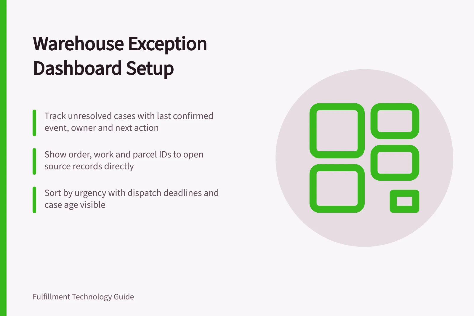 Warehouse Exception Dashboard Setup: Track unresolved cases with last confirmed event, owner and next action; Show order, work and parcel IDs to open source records directly; Sort by urgency with dispatch deadlines and case age visible