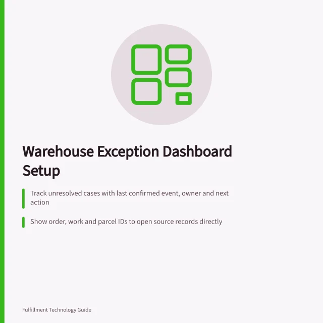 Warehouse Exception Dashboard Setup: Track unresolved cases with last confirmed event, owner and next action; Show order, work and parcel IDs to open source records directly; Sort by urgency with dispatch deadlines and case age visible. Building a warehouse exception dashboard