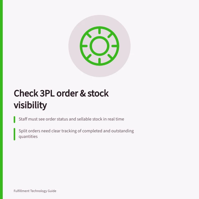 Check 3PL order & stock visibility: Staff must see order status and sellable stock in real time; Split orders need clear tracking of completed and outstanding quantities; Stock figures must match between provider, warehouse and selling channel. Checking order and stock visibility before choosing a 3PL