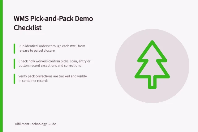 WMS Pick-and-Pack Demo Checklist: Run identical orders through each WMS from release to parcel closure; Check how workers confirm picks: scan, entry or button; record exceptions and corrections; Verify pack corrections are tracked and visible in container records. Pick-and-pack features to check in WMS demos