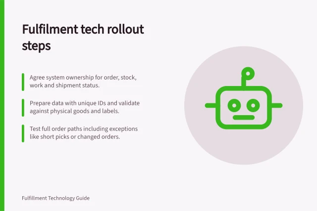 Fulfilment tech rollout steps: Agree system ownership for order, stock, work and shipment status.; Prepare data with unique IDs and validate against physical goods and labels.; Test full order paths including exceptions like short picks or changed orders. Fulfilment technology implementation