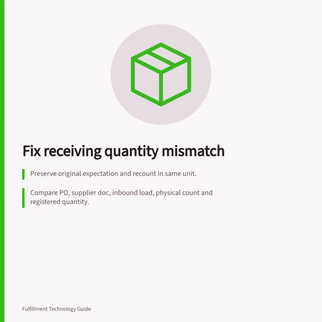 Fix receiving quantity mismatch: Preserve original expectation and recount in same unit.; Compare PO, supplier doc, inbound load, physical count and registered quantity.; Correct only the record shown to be wrong—never adjust expected quantity. Investigating a receiving quantity mismatch