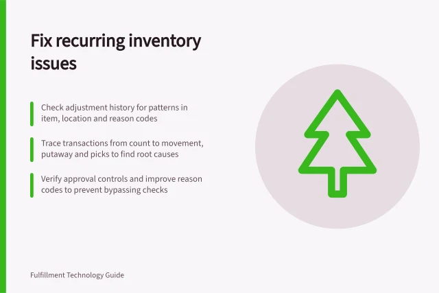 Fix recurring inventory issues: Check adjustment history for patterns in item, location and reason codes; Trace transactions from count to movement, putaway and picks to find root causes; Verify approval controls and improve reason codes to prevent bypassing checks. Investigating repeated inventory adjustments