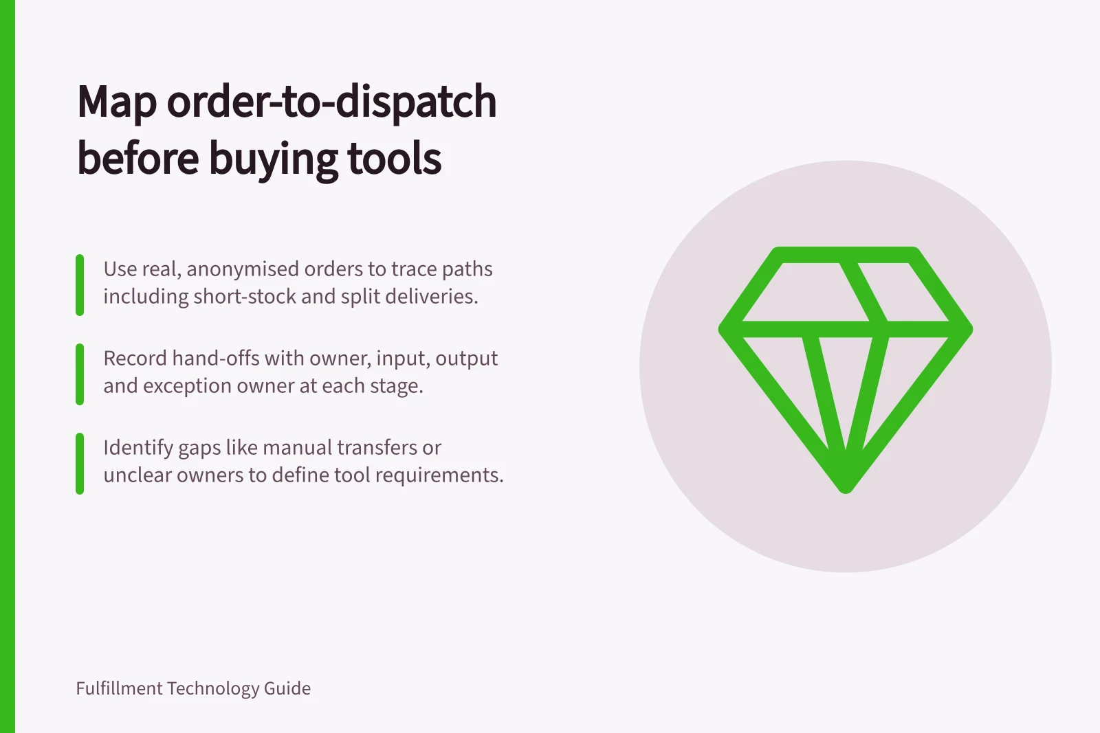 Map order-to-dispatch before buying tools: Use real, anonymised orders to trace paths including short-stock and split deliveries.; Record hand-offs with owner, input, output and exception owner at each stage.; Identify gaps like manual transfers or unclear owners to define tool requirements.