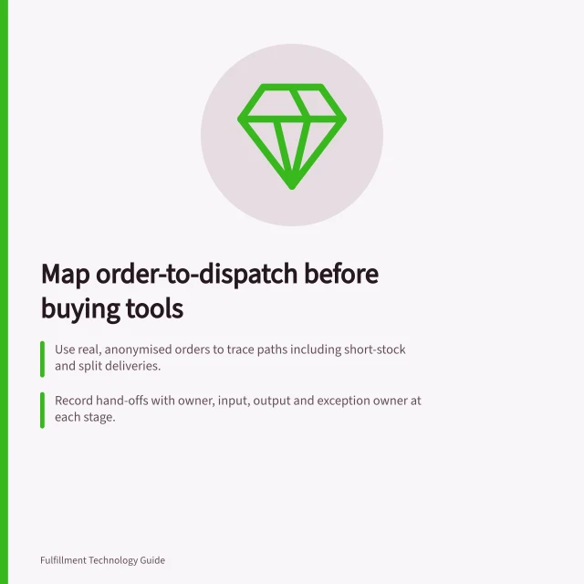 Map order-to-dispatch before buying tools: Use real, anonymised orders to trace paths including short-stock and split deliveries.; Record hand-offs with owner, input, output and exception owner at each stage.; Identify gaps like manual transfers or unclear owners to define tool requirements. Mapping the order-to-dispatch process before buying tools