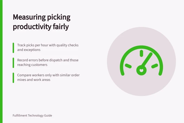 Measuring picking productivity fairly: Track picks per hour with quality checks and exceptions; Record errors before dispatch and those reaching customers; Compare workers only with similar order mixes and work areas. Measuring picking productivity without hiding errors