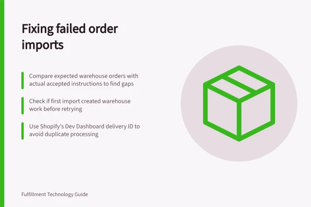 Fixing failed order imports: Compare expected warehouse orders with actual accepted instructions to find gaps; Check if first import created warehouse work before retrying; Use Shopify’s Dev Dashboard delivery ID to avoid duplicate processing. Monitoring a failed order import
