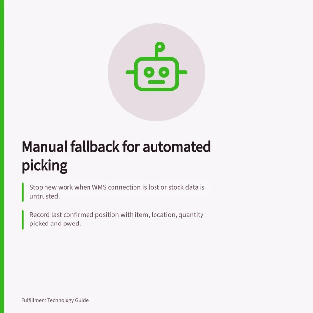 Manual fallback for automated picking: Stop new work when WMS connection is lost or stock data is untrusted.; Record last confirmed position with item, location, quantity picked and owed.; Release only one controlled manual route with full source reference and reconciliation plan. Planning manual fallback for automated picking systems