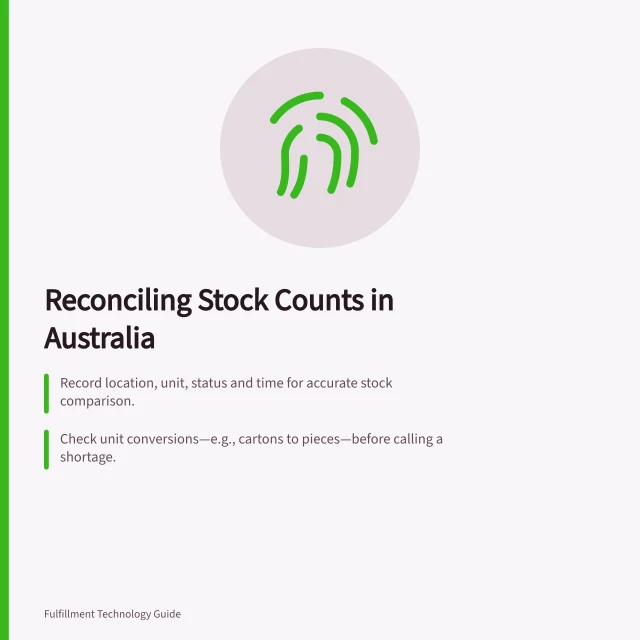 Reconciling Stock Counts in Australia: Record location, unit, status and time for accurate stock comparison.; Check unit conversions—e.g., cartons to pieces—before calling a shortage.; Verify all movements between count and system balance using transaction references. Reconciling physical counts with system quantities