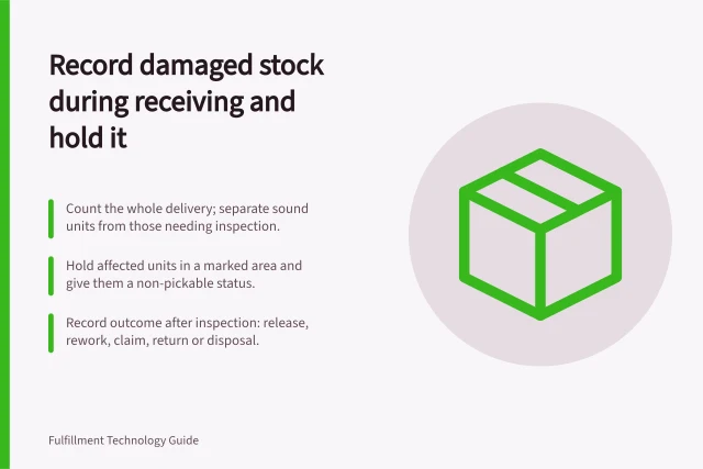Record damaged stock during receiving and hold it: Count the whole delivery; separate sound units from those needing inspection.; Hold affected units in a marked area and give them a non-pickable status.; Record outcome after inspection: release, rework, claim, return or disposal. Recording damaged stock during receiving