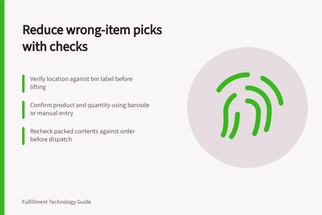 Reduce wrong-item picks with checks: Verify location against bin label before lifting; Confirm product and quantity using barcode or manual entry; Recheck packed contents against order before dispatch. Reducing wrong-item picks with verification steps
