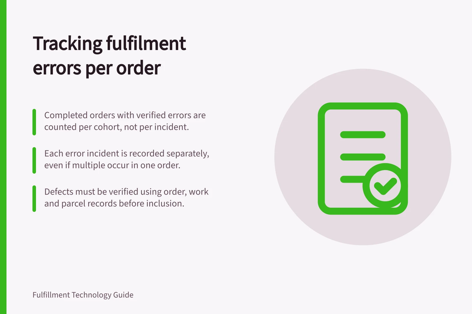 Tracking fulfilment errors per order: Completed orders with verified errors are counted per cohort, not per incident.; Each error incident is recorded separately, even if multiple occur in one order.; Defects must be verified using order, work and parcel records before inclusion.
