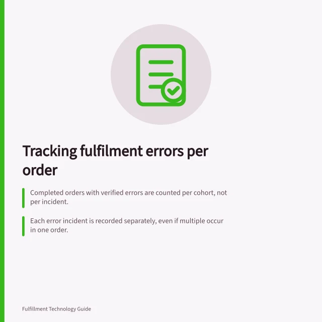 Tracking fulfilment errors per order: Completed orders with verified errors are counted per cohort, not per incident.; Each error incident is recorded separately, even if multiple occur in one order.; Defects must be verified using order, work and parcel records before inclusion. Reporting fulfilment errors per completed order