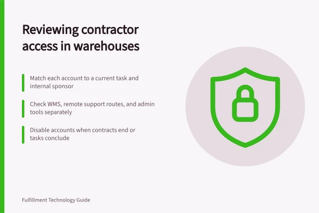 Reviewing contractor access in warehouses: Match each account to a current task and internal sponsor; Check WMS, remote support routes, and admin tools separately; Disable accounts when contracts end or tasks conclude. Reviewing system access for warehouse contractors