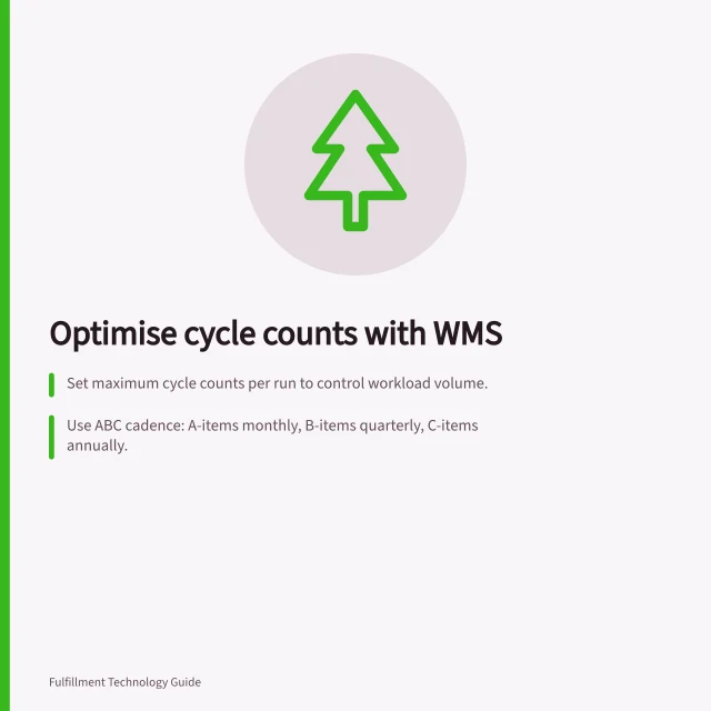 Optimise cycle counts with WMS: Set maximum cycle counts per run to control workload volume.; Use ABC cadence: A-items monthly, B-items quarterly, C-items annually.; Enable 'Allow pallet moves' and record movements for reconciliation. Scheduling cycle counts through a WMS