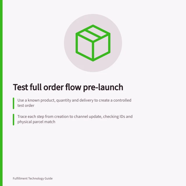 Test full order flow pre-launch: Use a known product, quantity and delivery to create a controlled test order; Trace each step from creation to channel update, checking IDs and physical parcel match; Introduce exceptions like short picks or edits to verify system handling. Testing a complete order before system launch