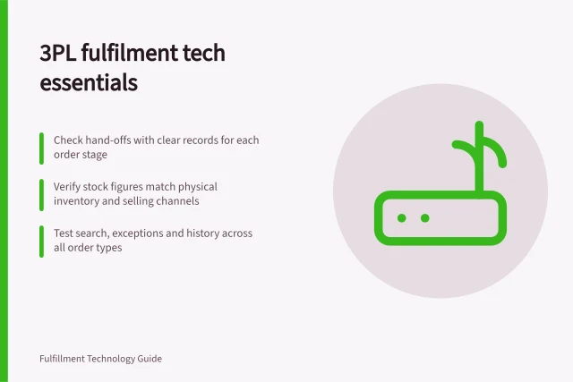 3PL fulfilment tech essentials: Check hand-offs with clear records for each order stage; Verify stock figures match physical inventory and selling channels; Test search, exceptions and history across all order types. Third-party fulfilment technology